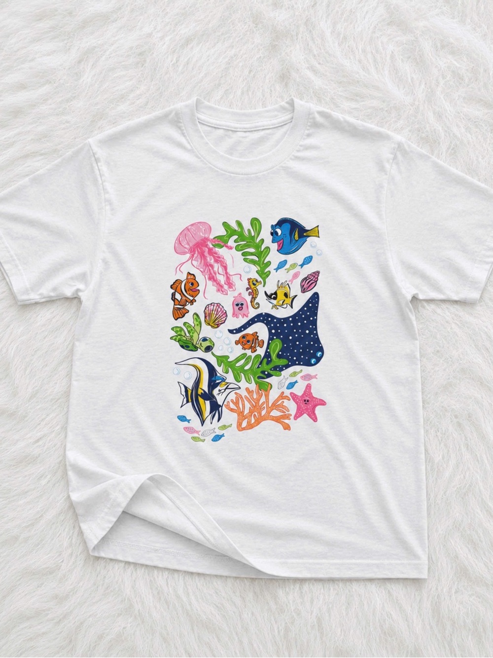 Gildan White Short Sleeve T-Shirt with Colorful Underwater Sea Life Print